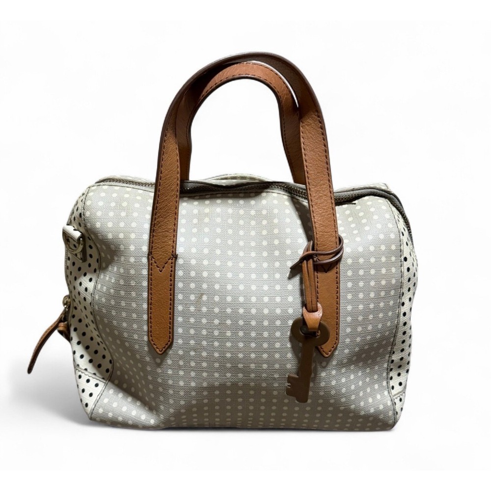 Fossil Key-Per Gray Polka Dot Coated Canvas Leather Satchel Handbag Purse